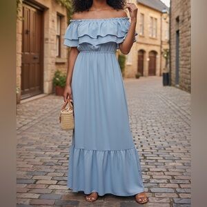 Elegant Strapless Blue Maxi Dress